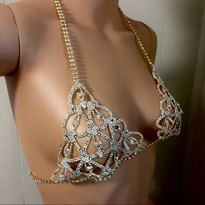 NWT gold rhinestone luxury sexy hearts chain bra body chain